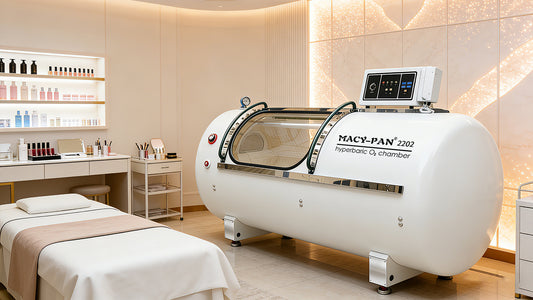 Macy-Pan hyperbaric oxygen chamber in a clinical setting with medical equipment.