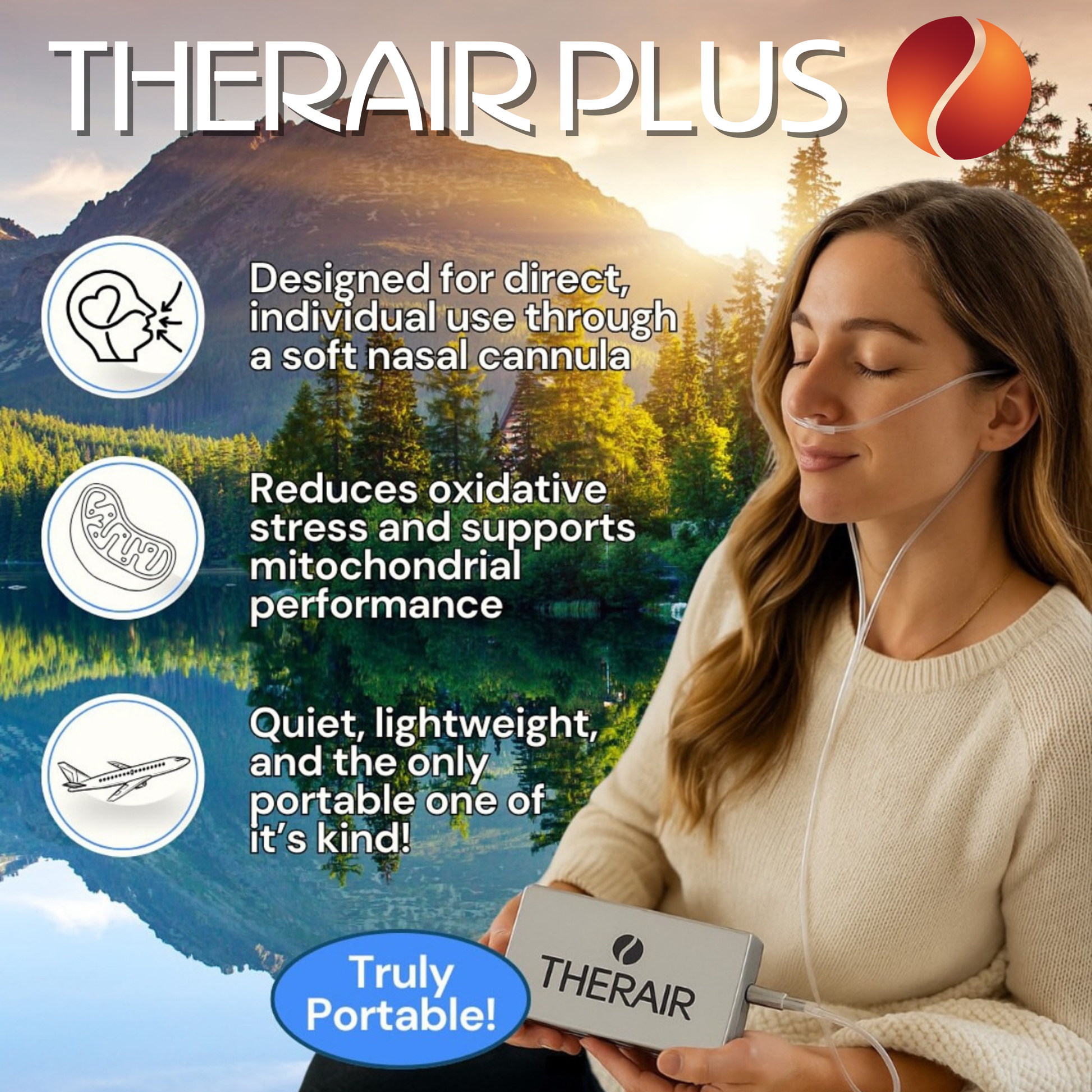 Woman using THERAIR PLUS device with scenic background