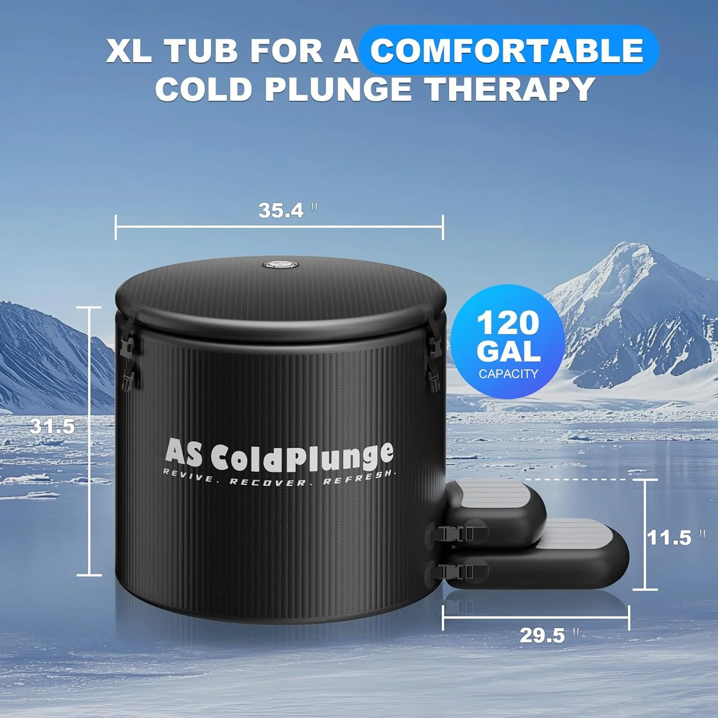 XL Ice Bath Tub for Cold Plunge, 120 Gal with Insulated Lid, Step Stool, Portable Inflatable Ice Pod Plunge Barrel, Easy Chiller Connection, Indoor Outdoor