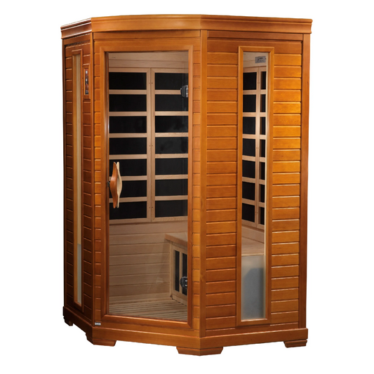 Dynamic Heming Elite 2 Person Corner Ultra Low EMF Infrared Sauna (3–5MG) with Chromotherapy & Bluetooth – Canadian Hemlock – DYN-6225-02 Elite