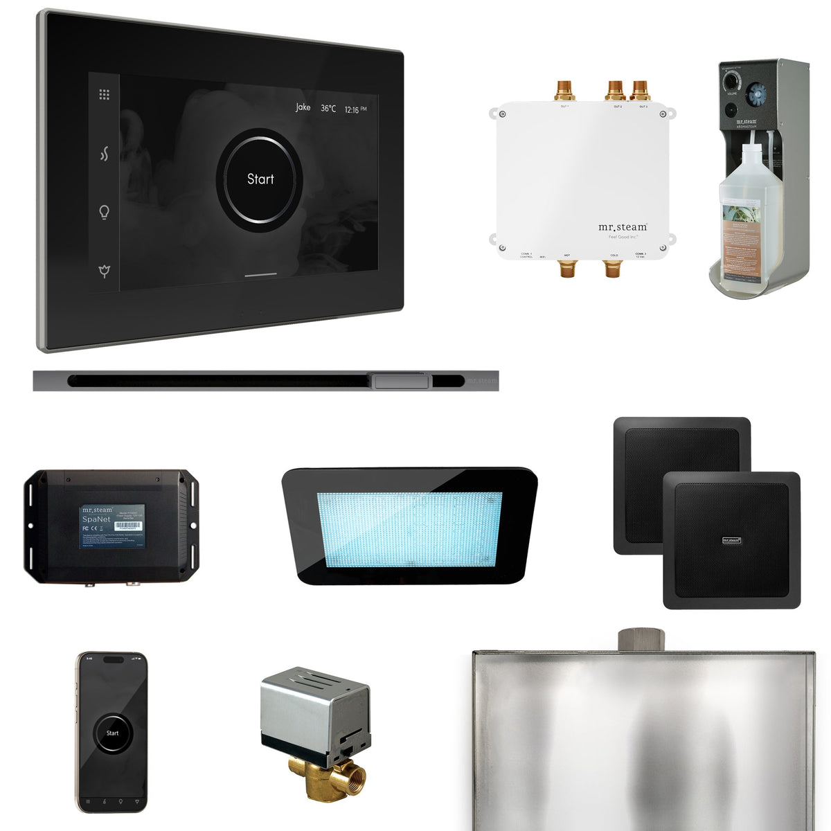Mr. Steam Bliss Linear Steam Shower Package – iSteamX, Linear Steamhead, AudioX, ChromaSteam, AromaSteam & SpaH2O Valve for MS & Super Generators