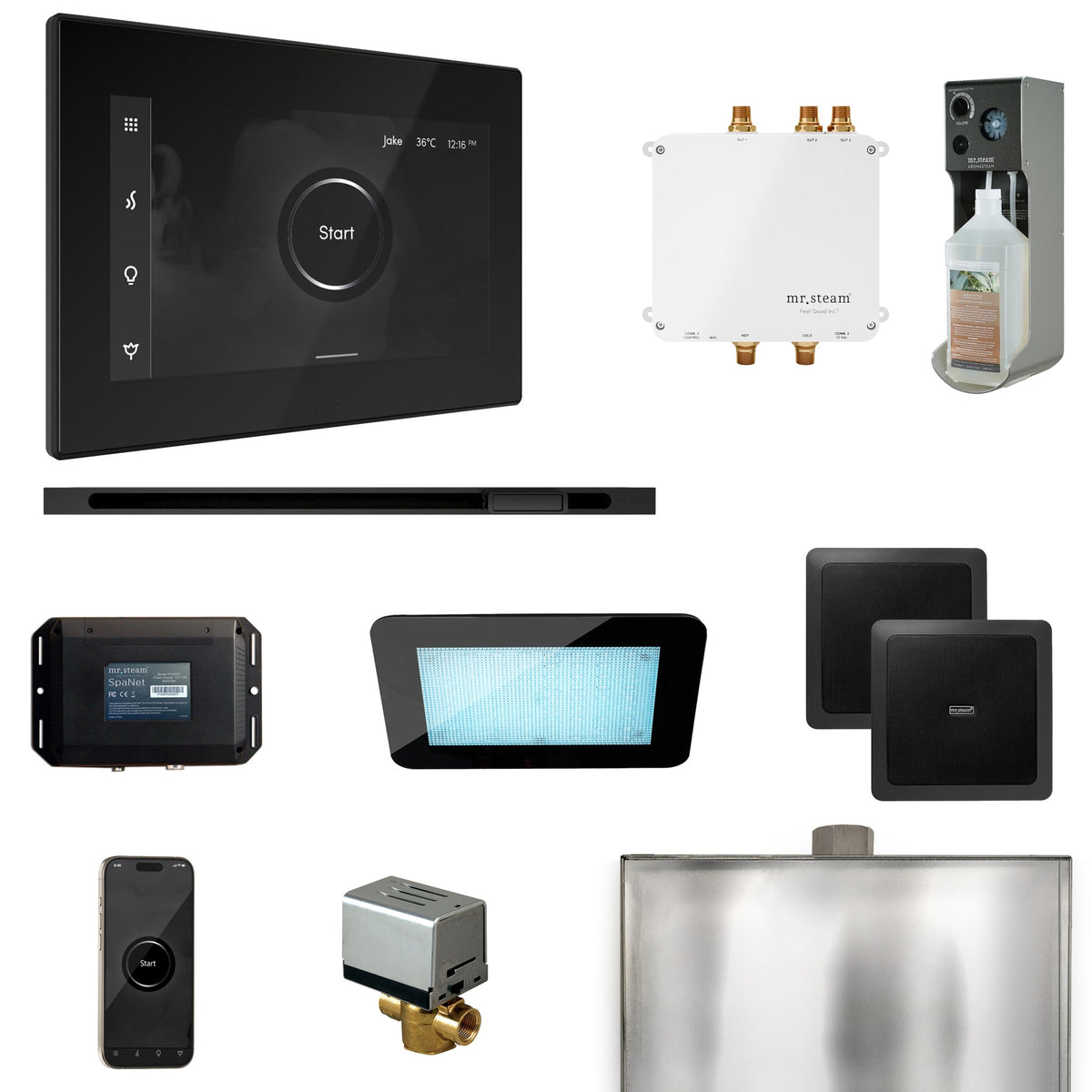 Mr. Steam Bliss Linear Steam Shower Package – iSteamX, Linear Steamhead, AudioX, ChromaSteam, AromaSteam & SpaH2O Valve for MS & Super Generators