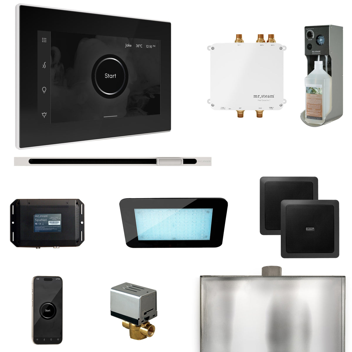 Mr. Steam Bliss Linear Steam Shower Package – iSteamX, Linear Steamhead, AudioX, ChromaSteam, AromaSteam & SpaH2O Valve for MS & Super Generators