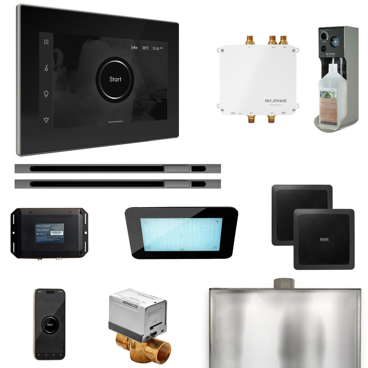 Mr. Steam Bliss Max Linear Steam Shower Package – iSteamX, Linear Steamhead, AudioX, ChromaSteam, AromaSteam & SpaH2O Valve for Max Generators