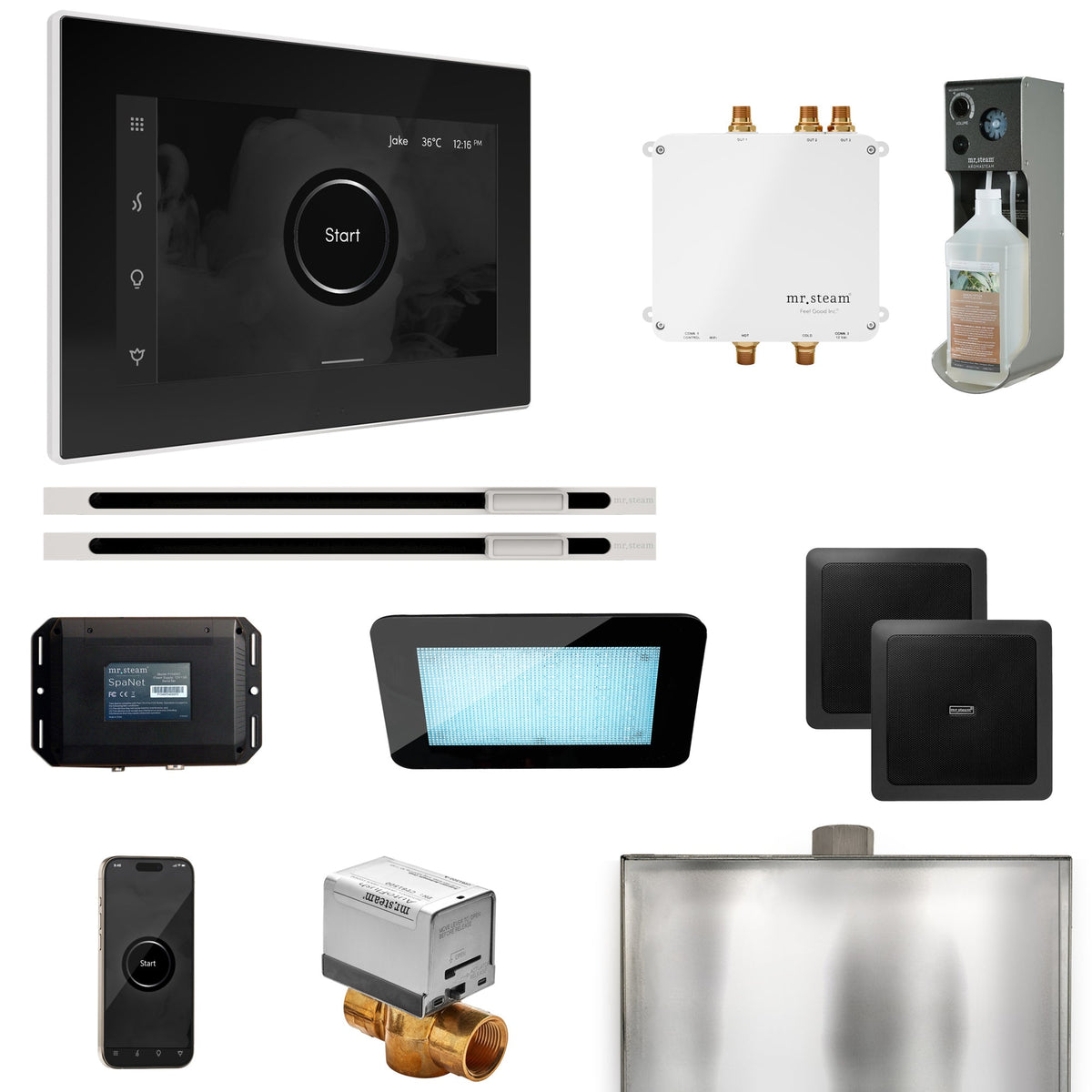 Mr. Steam Bliss Max Linear Steam Shower Package – iSteamX, Linear Steamhead, AudioX, ChromaSteam, AromaSteam & SpaH2O Valve for Max Generators