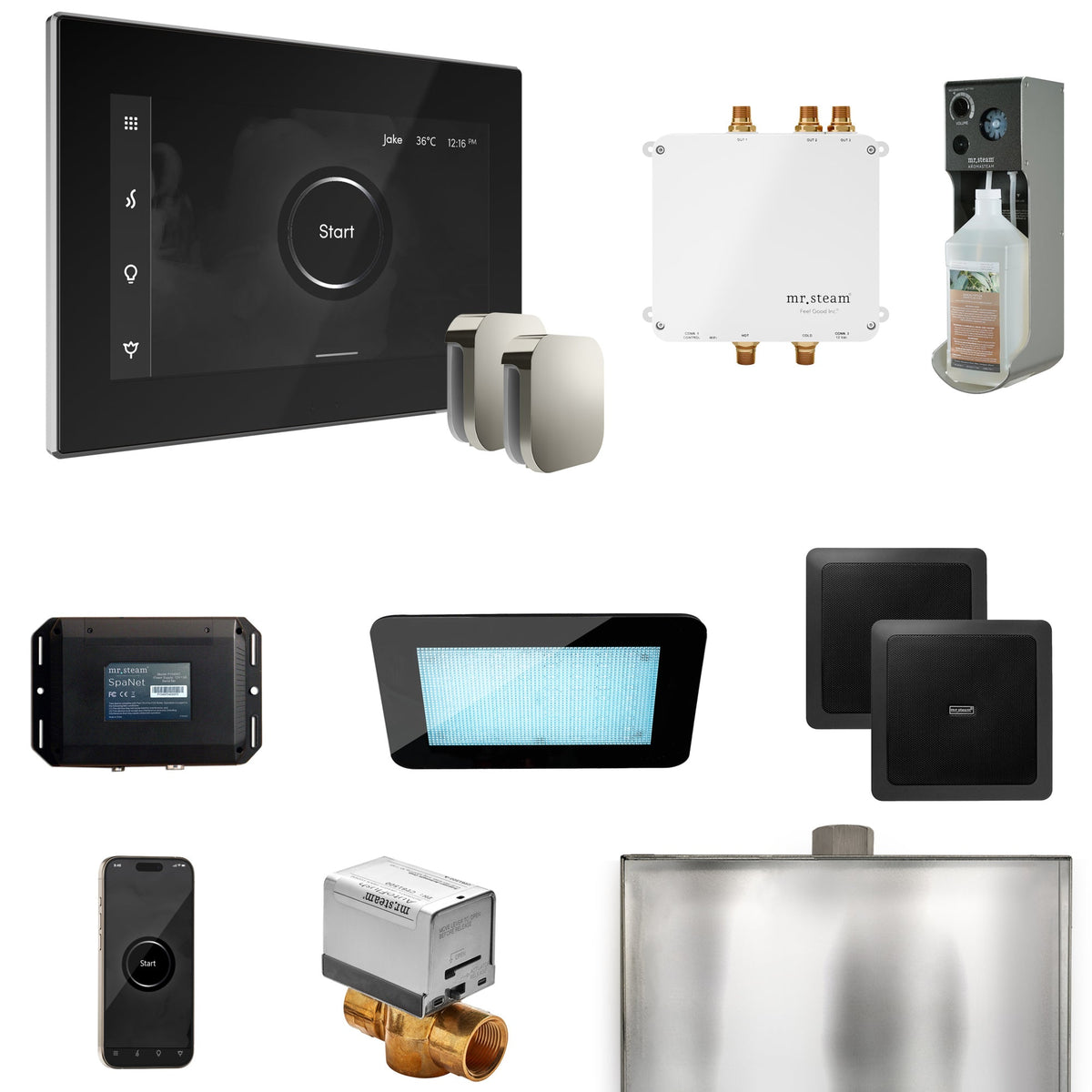 Mr. Steam Bliss Max Steam Shower Package – iSteamX, Aroma Steamhead, AudioX, ChromaSteam, AromaSteam & SpaH2O Valve for Max Generators