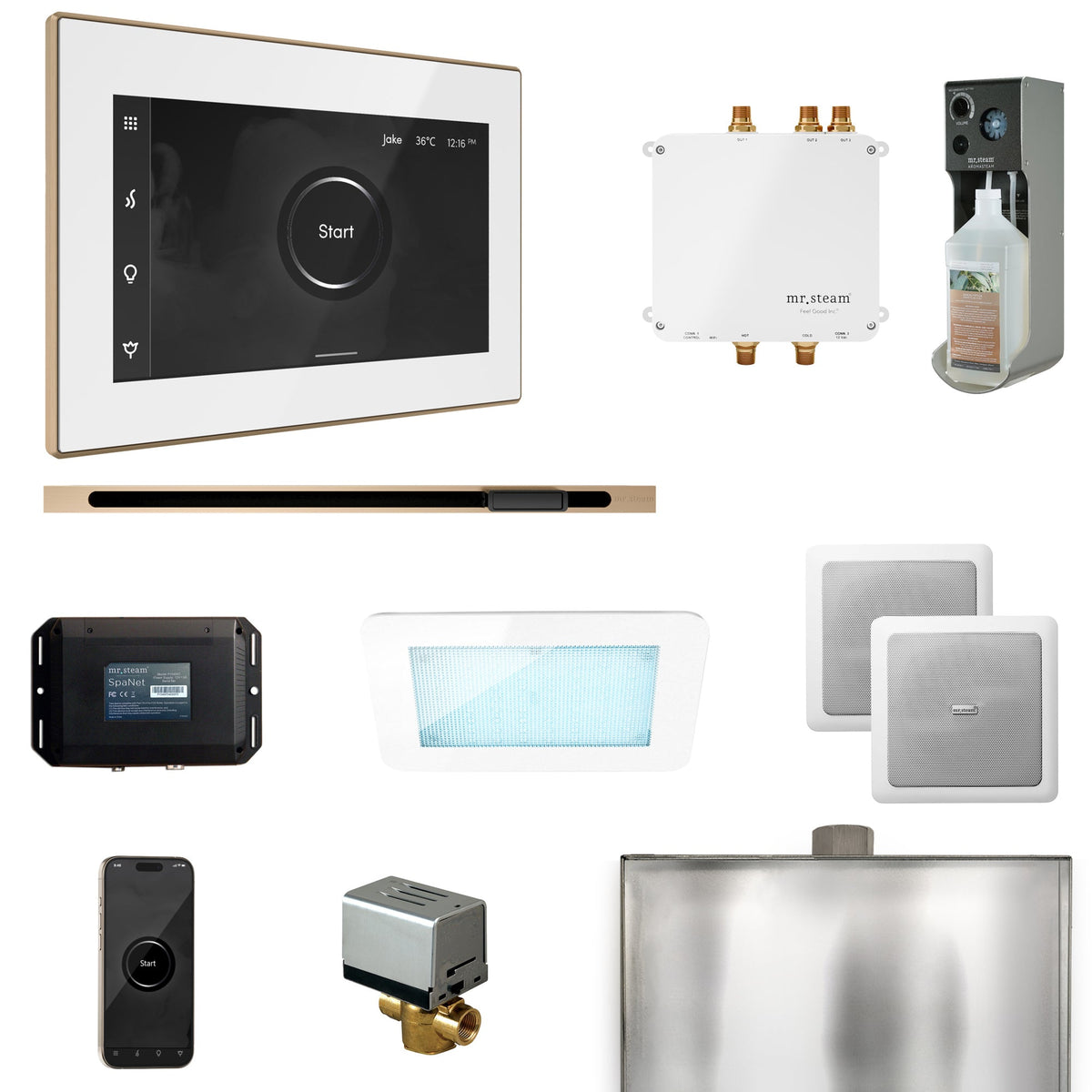 Mr. Steam Bliss Linear Steam Shower Package – iSteamX, Linear Steamhead, AudioX, ChromaSteam, AromaSteam & SpaH2O Valve for MS & Super Generators