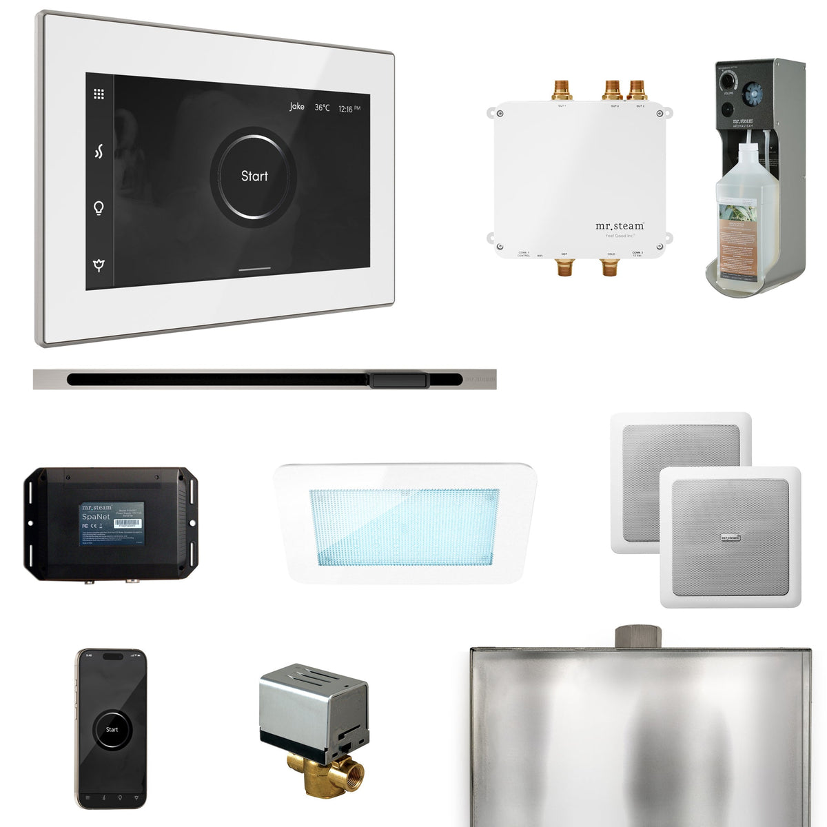 Mr. Steam Bliss Linear Steam Shower Package – iSteamX, Linear Steamhead, AudioX, ChromaSteam, AromaSteam & SpaH2O Valve for MS & Super Generators