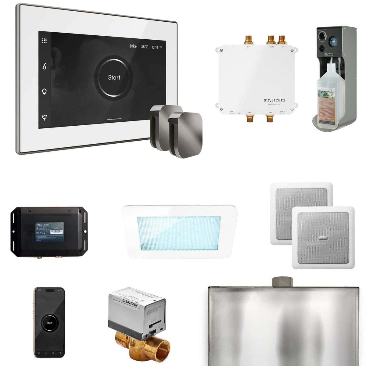 Mr. Steam Bliss Max Steam Shower Package – iSteamX, Aroma Steamhead, AudioX, ChromaSteam, AromaSteam & SpaH2O Valve for Max Generators