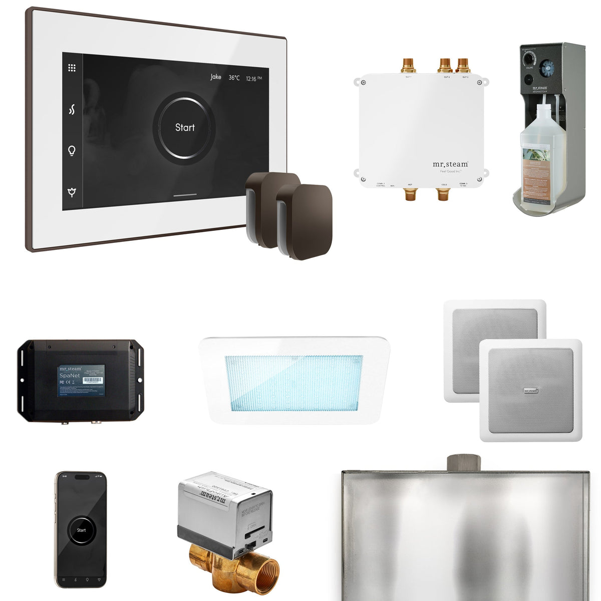 Mr. Steam Bliss Max Steam Shower Package – iSteamX, Aroma Steamhead, AudioX, ChromaSteam, AromaSteam & SpaH2O Valve for Max Generators