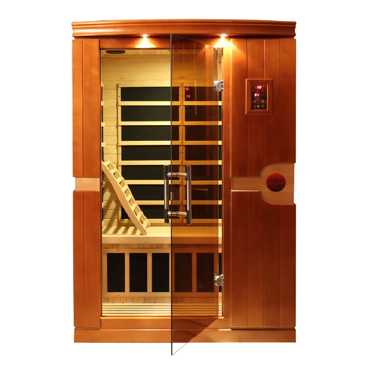 Dynamic Venice Elite 2 Person Ultra Low EMF Infrared Sauna (3–5MG) with Chromotherapy, Bluetooth & Honey Dark Canadian Hemlock – DYN-6210-01 Elite