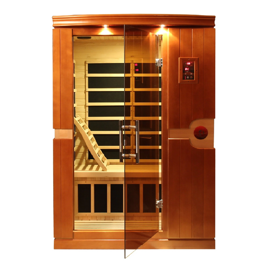 Dynamic Venice Elite 2 Person Ultra Low EMF Infrared Sauna (3–5MG) with Chromotherapy, Bluetooth & Honey Dark Canadian Hemlock – DYN-6210-01 Elite