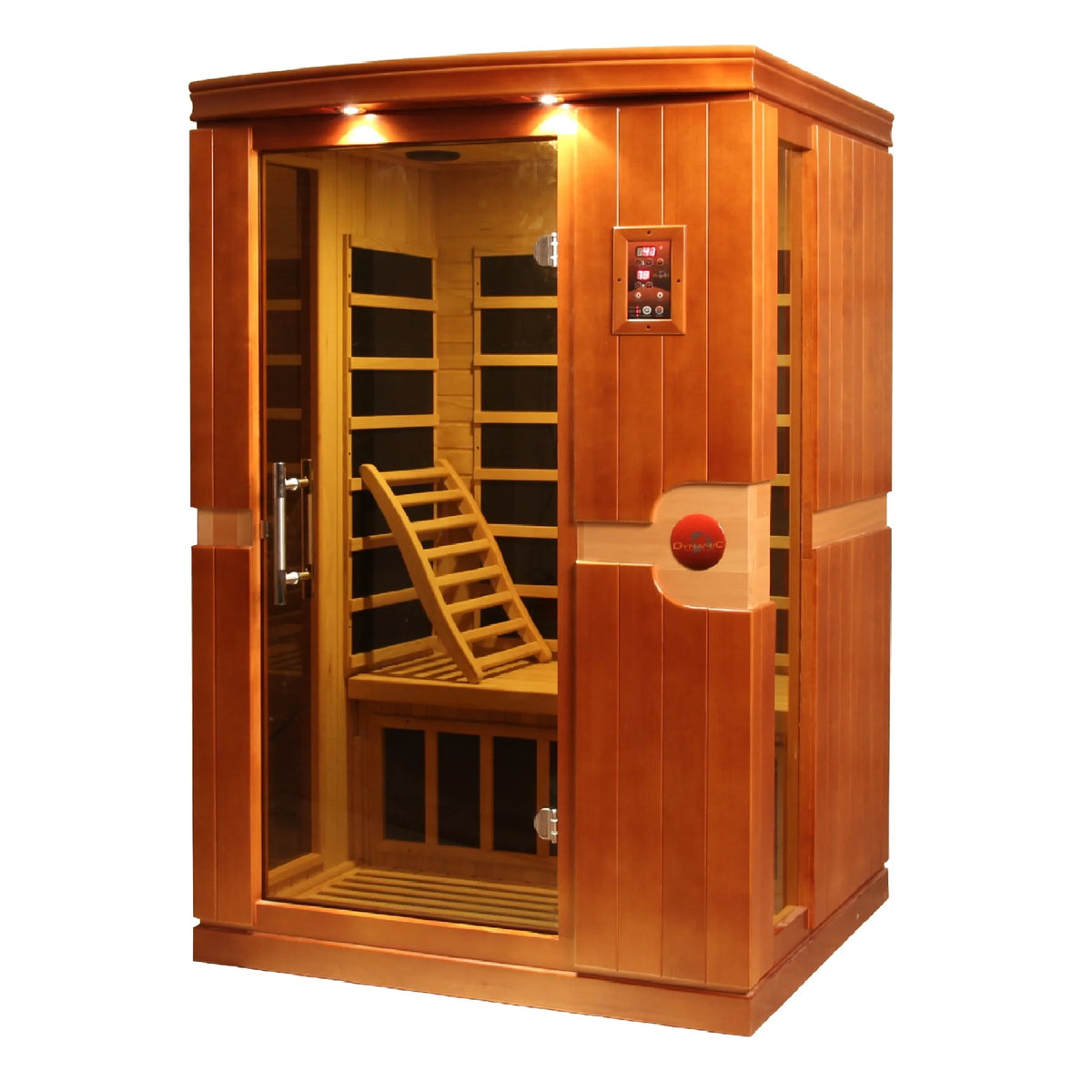 Dynamic Venice Elite 2 Person Ultra Low EMF Infrared Sauna (3–5MG) with Chromotherapy, Bluetooth & Honey Dark Canadian Hemlock – DYN-6210-01 Elite