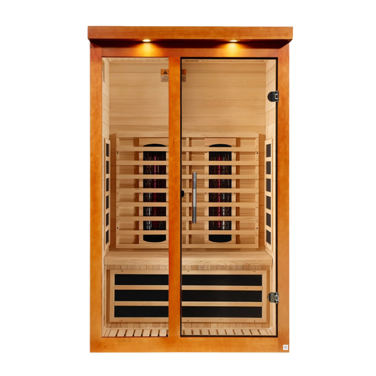 Dynamic Llumeneres 2 Person Full Spectrum Near Zero EMF FAR Infrared Sauna, Honey Dark Stain, Canadian Hemlock, DYN-6215-03 FS