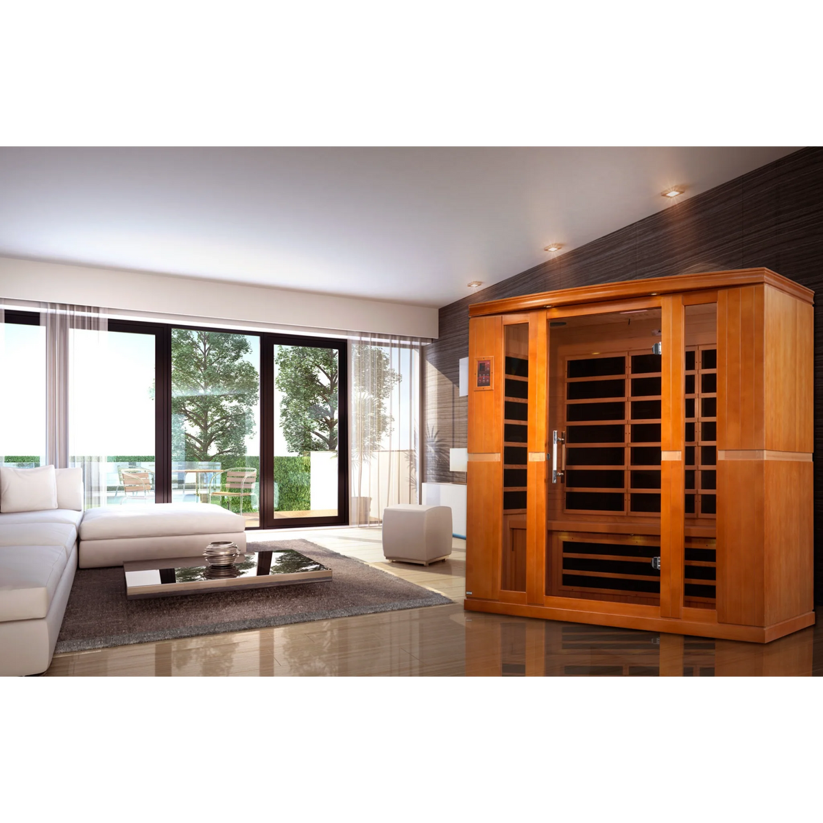 Dynamic Bergamo Elite 4 Person Ultra Low EMF Infrared Sauna (3–5MG) with Floor Heaters, Chromotherapy & Bluetooth – DYN-6440-01 Elite
