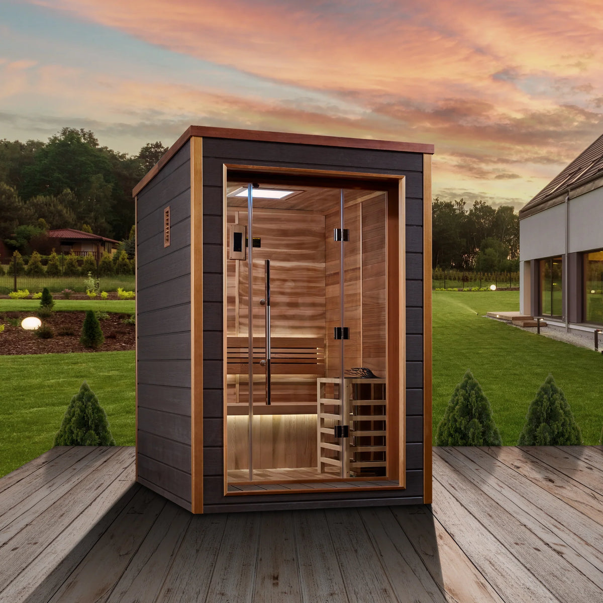 Golden Designs Narvik 2 Person Indoor-Outdoor Traditional Sauna, Canadian Red Cedar Interior, Espresso Finish, GDI-8202-01