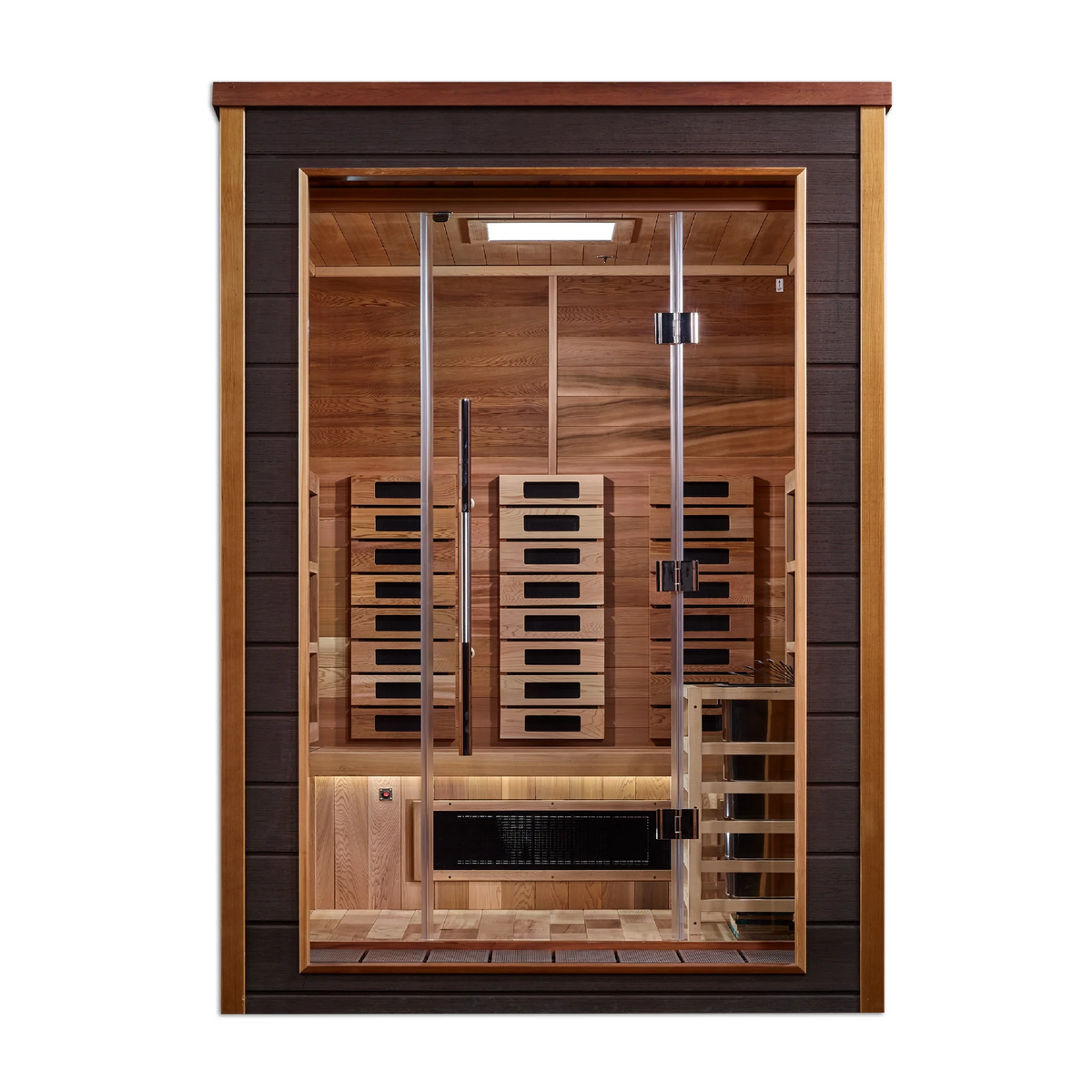 Golden Designs Nora 2 Person Hybrid Outdoor Sauna | PureTech™ Full Spectrum Infrared & Traditional Stove | Canadian Red Cedar Interior | GDI-8222-01