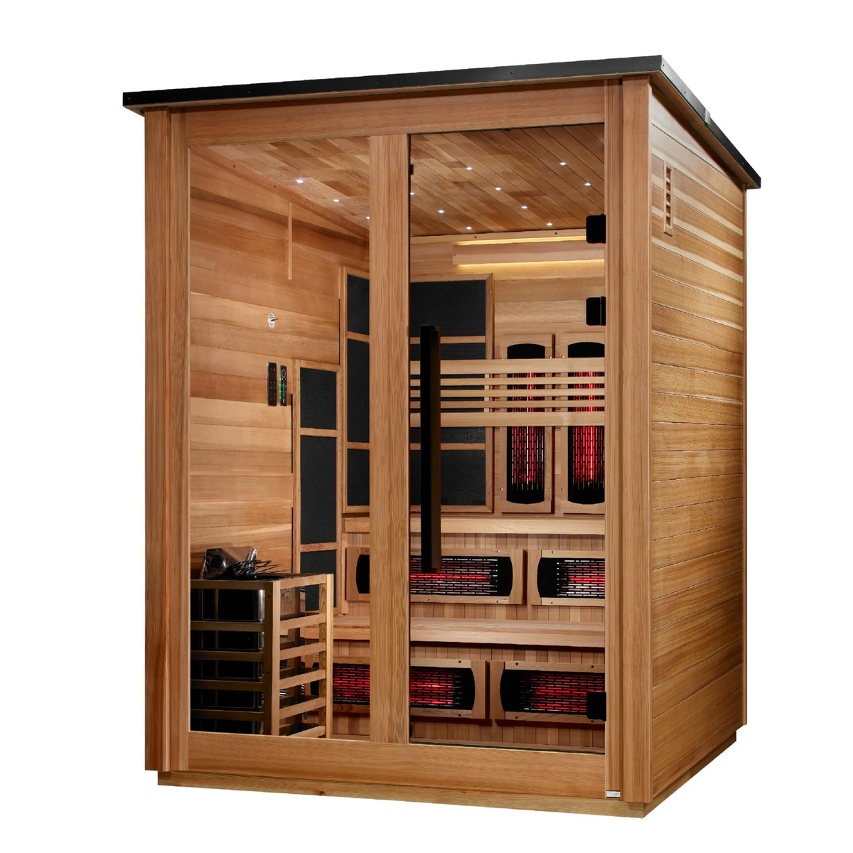 Golden Designs Kaskinen 6 Person Hybrid Outdoor Sauna, PureTech™ Full Spectrum Infrared or Traditional Stove, Canadian Red Cedar Interior, Pacific Cedar Finish, GDI-8526-02