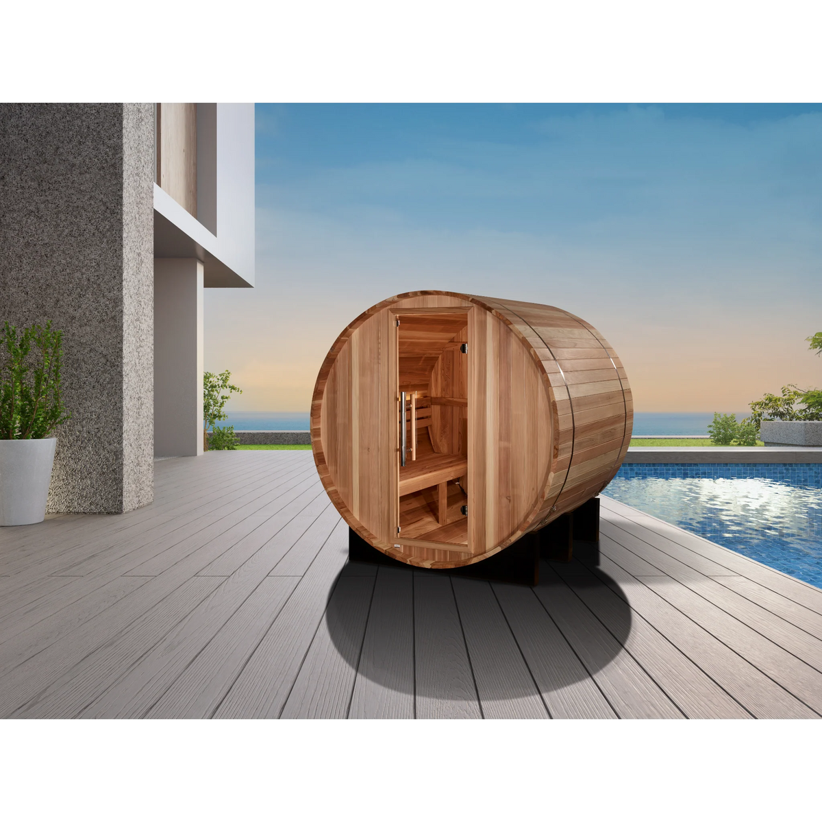 Golden Designs St. Moritz 2 Person Outdoor Barrel Traditional Sauna, Pacific Premium Cedar, Bronze Privacy Glass, GDI-B002-01