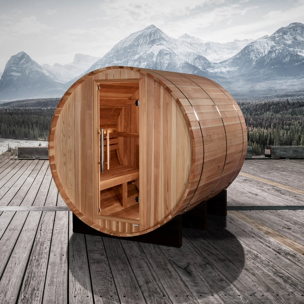 Golden Designs Arosa 4 Person Outdoor Barrel Traditional Sauna, Pacific Premium Cedar, Bronze Privacy Glass, GDI-B004-01