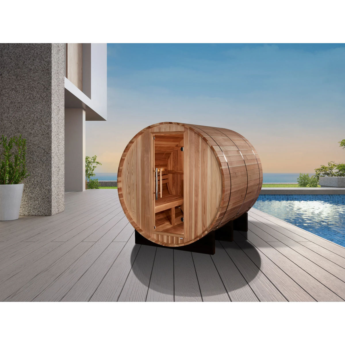 Golden Designs Arosa 4 Person Outdoor Barrel Traditional Sauna, Pacific Premium Cedar, Bronze Privacy Glass, GDI-B004-01