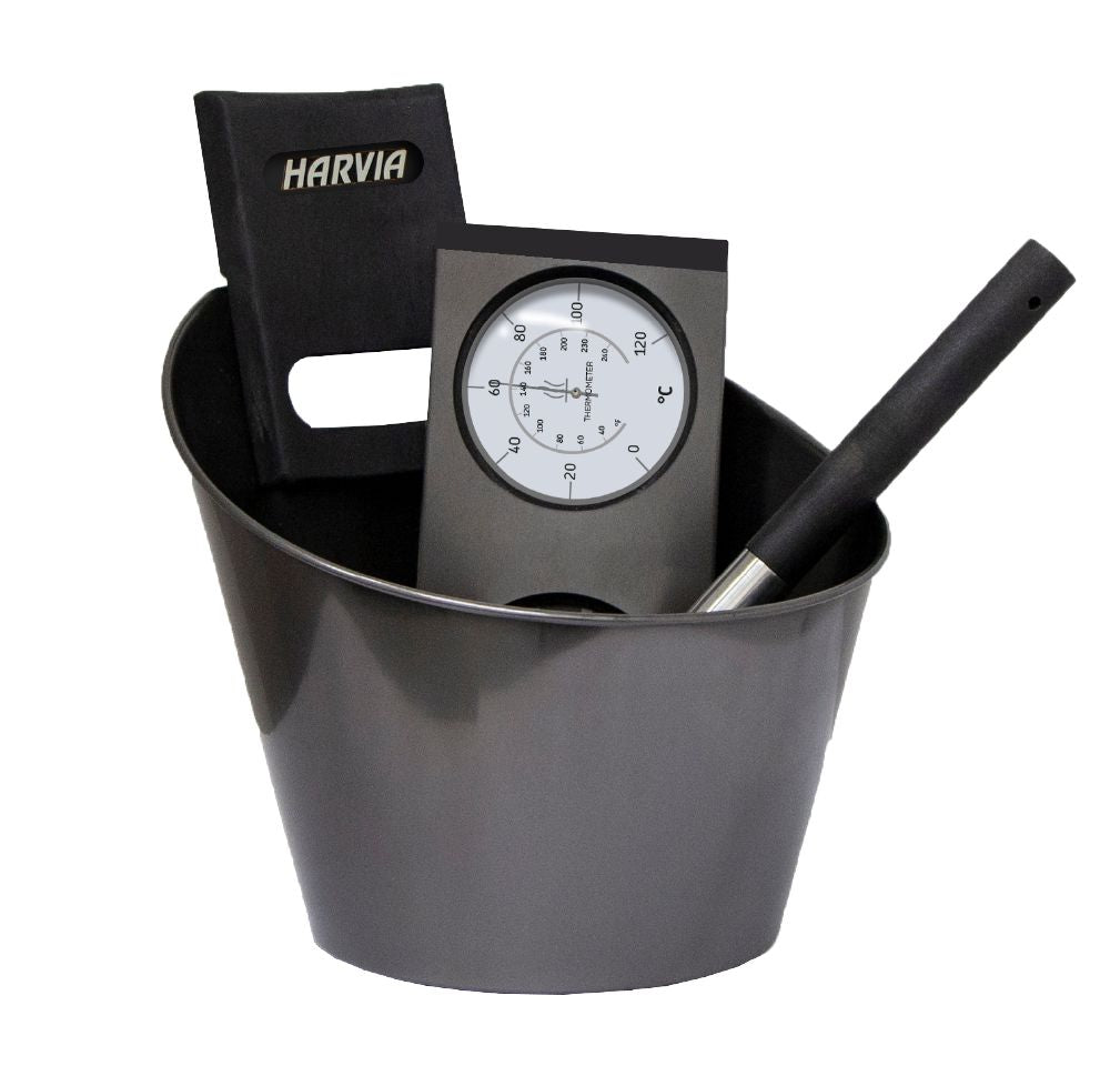 Harvia SA007 Deluxe Black Steel Bucket, Ladle, & Thermometer/Hydrometer Set