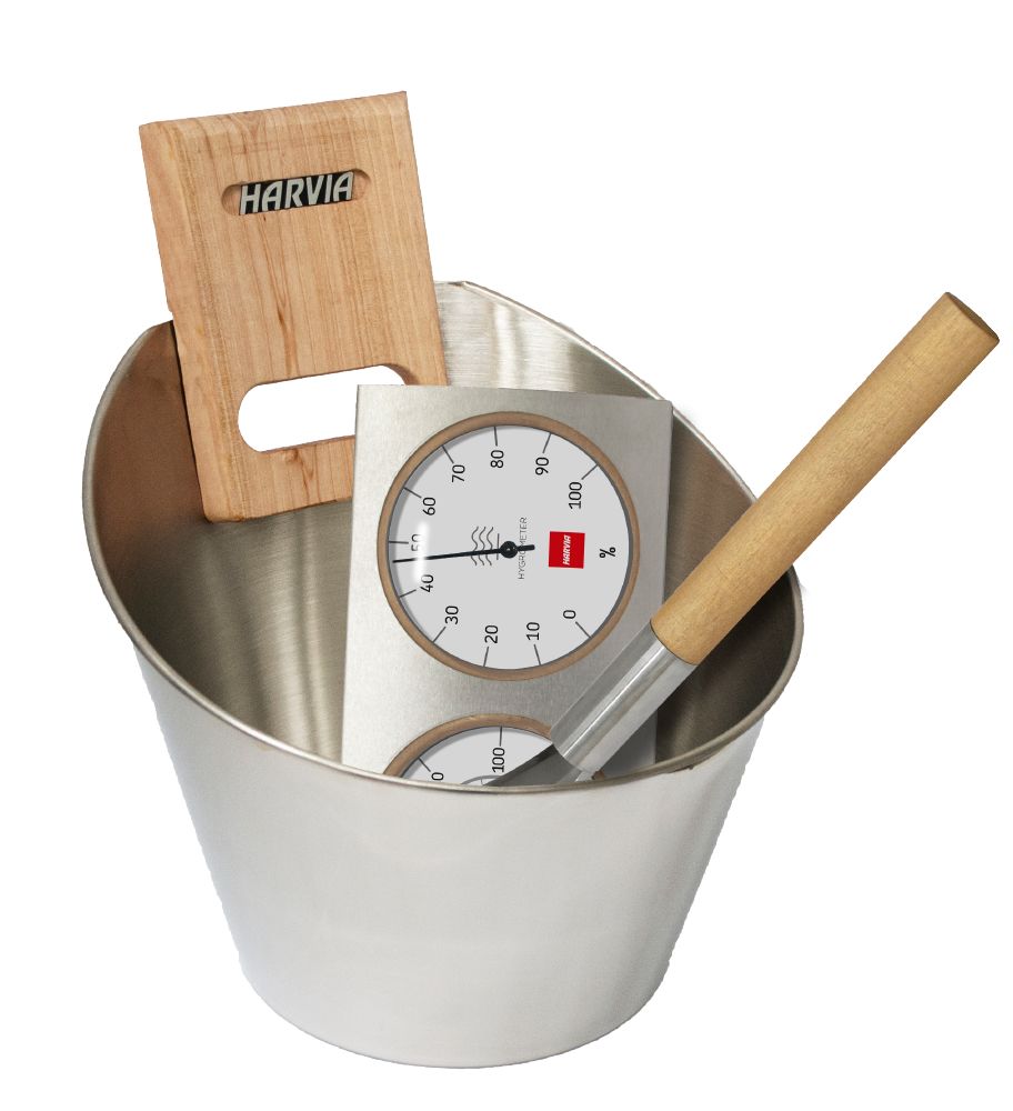 Harvia SA006 Deluxe Stainless Steel Bucket, Ladle, & Thermometer/Hydrometer Set