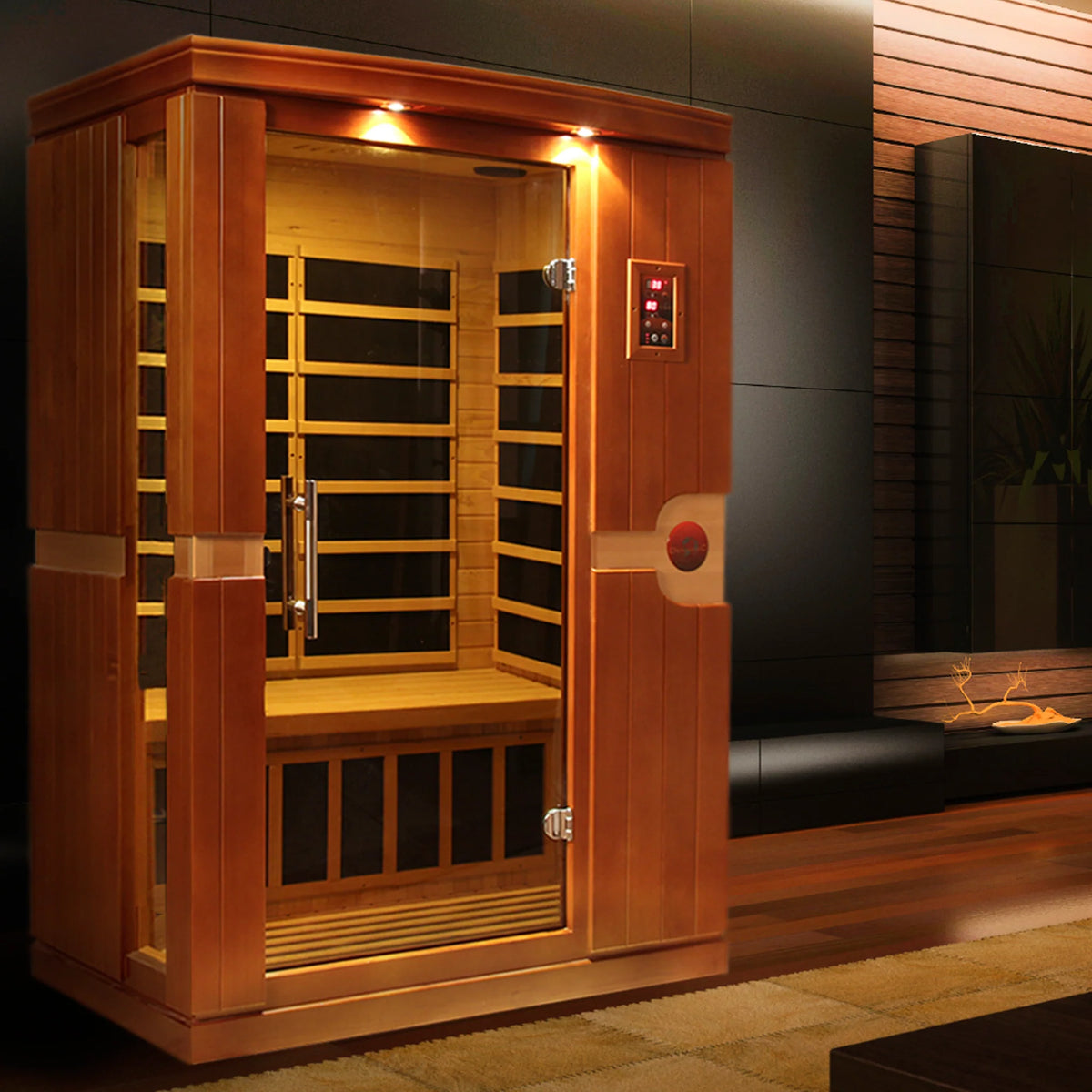 Dynamic Venice Elite 2 Person Ultra Low EMF Infrared Sauna (3–5MG) with Chromotherapy, Bluetooth & Honey Dark Canadian Hemlock – DYN-6210-01 Elite