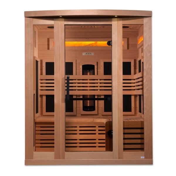 Golden Designs 3-Person Full Spectrum PureTech™ Near Zero EMF FAR Infrared Sauna with Himalayan Salt Bar & Canadian Hemlock