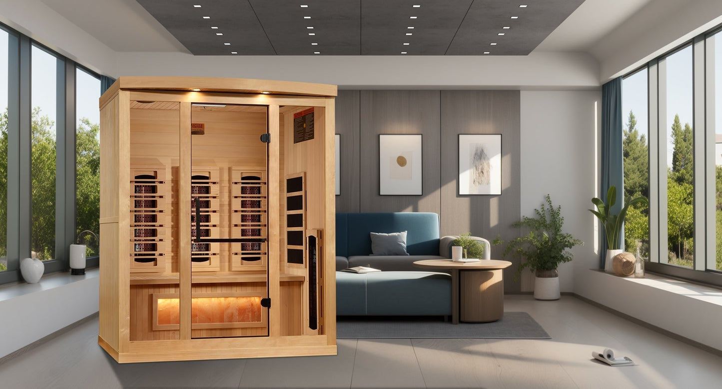 Golden Designs "Reserve Edition" 3-Person Full Spectrum PureTech™ Near Zero EMF Infrared Sauna with Himalayan Salt Bar