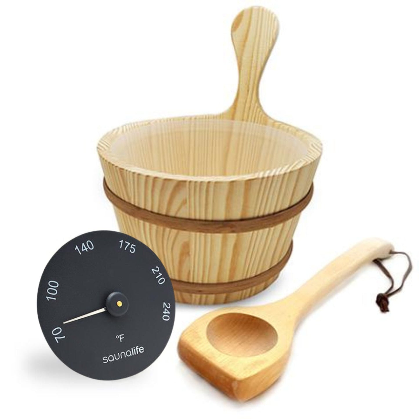 SaunaLife Wooden 1-Gallon Sauna Bucket Set with Wood Ladle and Thermometer-Black