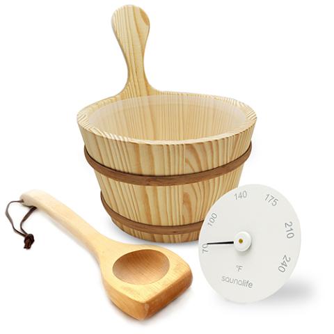 SaunaLife Wooden 1-Gallon Sauna Bucket Set with Wood Ladle and Thermometer-White